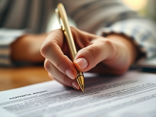 클로즈업 샷으로, 계약서에 서명하는 여성의 손을 보여줍니다.