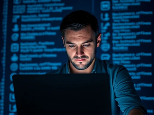 한 남자가 노트북 앞에서 심각한 표정으로 블로그 보안 설정을 점검하고 있으며, 복잡한 코드가 배경으로 흐릿하게 보여 불안한 분위기