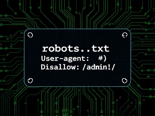 어두운 배경에 빛나는 초록색 회로 기판 패턴이 깔려 있고, 그 위에 투명한 유리 패널에 하얀색으로 `robots.