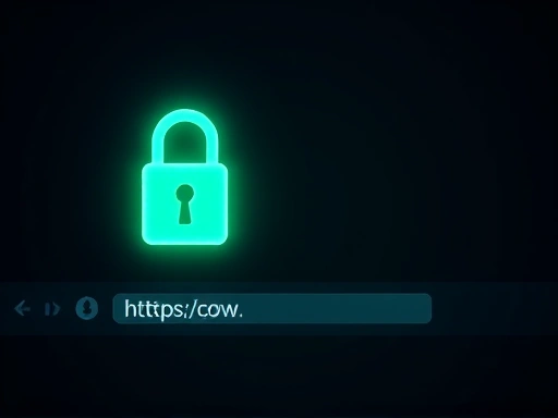 어두운 배경 위로 빛나는 자물쇠 아이콘과 웹 브라우저 주소창에 'HTTPS'가 안전하게 표시된 모습