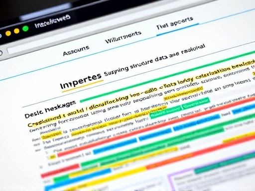 다채로운 색상의 블로그 레이아웃을 클로즈업하여 구조화된 데이터 마크업 개념을 설명하고, 밝고 집중된 조명으로 기술적 측면을 강조하는 첫 번째 이미지