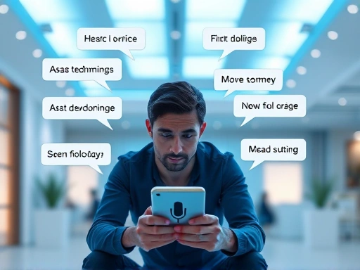 마이크 아이콘이 강조된 스마트폰 앞에 앉아 음성으로 질문을 하고 있는 사람의 모습