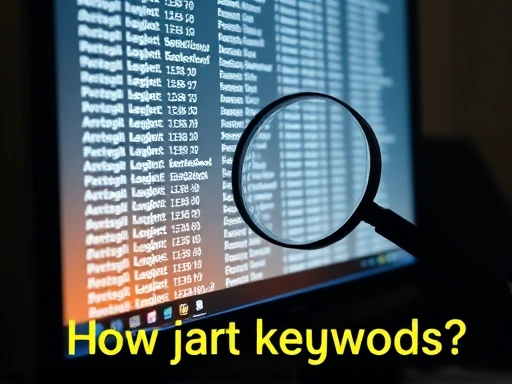 돋보기가 얹어진 거대한 롱테일 키워드 목록이 스크롤되는 컴퓨터 화면의 클로즈업.