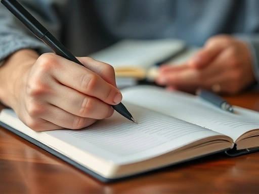 Close-up of a person's hand taking notes, next to a journal and a pen, symbolizing the act of documenting for accurate memory, warm lighting, focused.