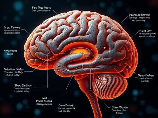 A detailed scientific diagram illustrating the brain's reward pathway and dopamine circuit, highlighting key areas involved in addiction and the flow of neurotransmitters.