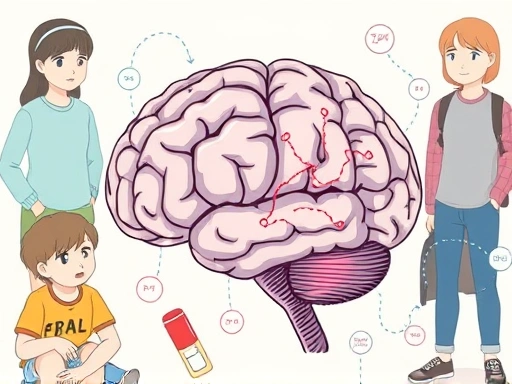A detailed illustration of an adolescent brain showing key areas like prefrontal cortex and limbic system, with abstract connections representing development, set against a background of typical teenage activities, in a clear, informative style.