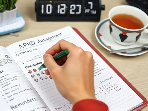 Close-up of a hand writing on a planner or calendar with ADHD management strategies listed, such as time blocking, task lists, and reminder icons. A neat desk with a visual timer and a cup of tea is visible in the background, emphasizing practical daily routines for adults with ADHD.