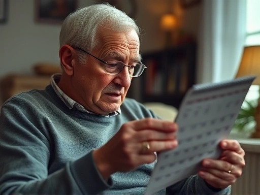 An elderly person thoughtfully looking at a calendar, trying to recall an event, with subtle background elements suggesting a cozy home and a sense of slight confusion, focusing on cognitive health and memory.