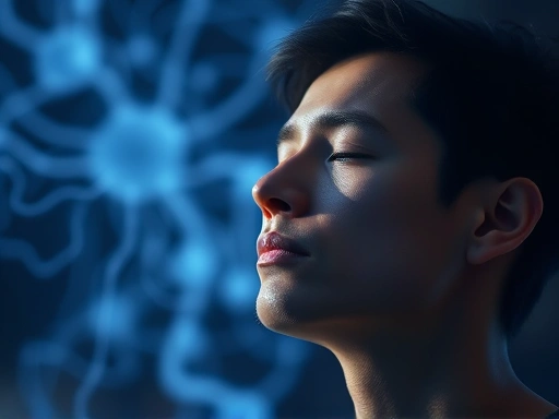 A person calmly taking a deep breath, with abstract neural pathways subtly visible in the background, symbolizing brain activity and emotion regulation.