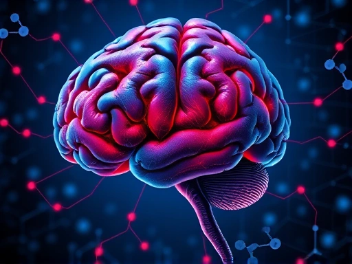 A detailed, scientific illustration of an anxious brain, highlighting the overactive amygdala and underactive prefrontal cortex with red and blue colors, surrounded by neural networks and neurotransmitter symbols.
