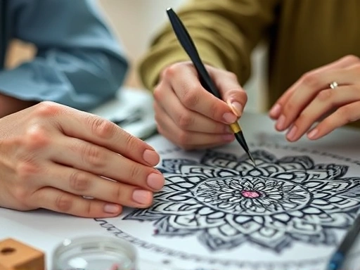Close-up of hands engaged in art therapy, one hand gently shaping clay while another paints a detailed mandala, emphasizing focus and tactile engagement, with soft, natural lighting.