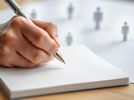 Close-up of a person's hand holding a pen, poised over a blank notebook, with a faint, blurry background of diverse pathways, symbolizing thoughtful and independent decision-making. Focus on detail and clarity.