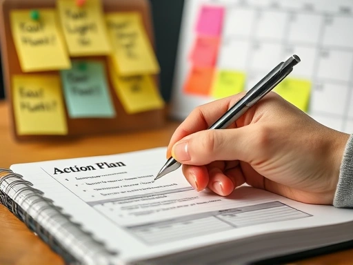 A close-up of a person's hand holding a pen, writing a specific action plan in a notebook, with a blurred background showing motivational sticky notes and a calendar, emphasizing the detailed preparation and commitment phase of behavior change.