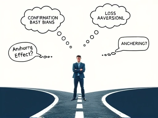 A person standing at a crossroads, looking confused, with thought bubbles showing various cognitive biases like confirmation bias, loss aversion, and anchoring effect, representing the psychological traps in decision-making. The scene is metaphorical and slightly abstract.