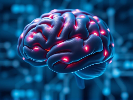 A close-up of a human brain with glowing neural pathways, symbolizing memory formation and efficient retrieval, against a background of abstract data connections.