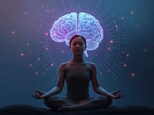 A peaceful person meditating, surrounded by subtle glowing brain activity, symbolizing the positive effects of mindfulness on the brain, in a calm and serene atmosphere.