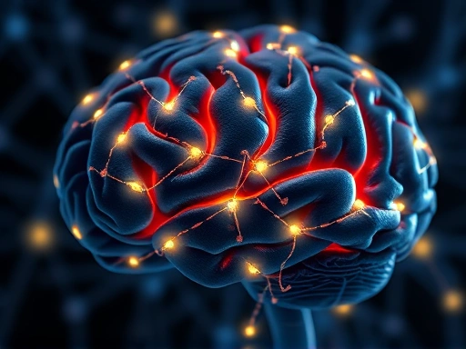 Close-up of a brain with interconnected neural pathways, some lighting up, symbolizing enhanced cognitive function and brain training for improved focus.