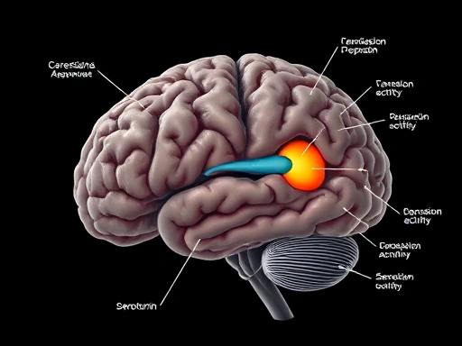 A detailed illustration of brain regions affected by depression, showing neural pathways and neurotransmitter activity, with a focus on serotonin. Scientific, precise, dark background for contrast.