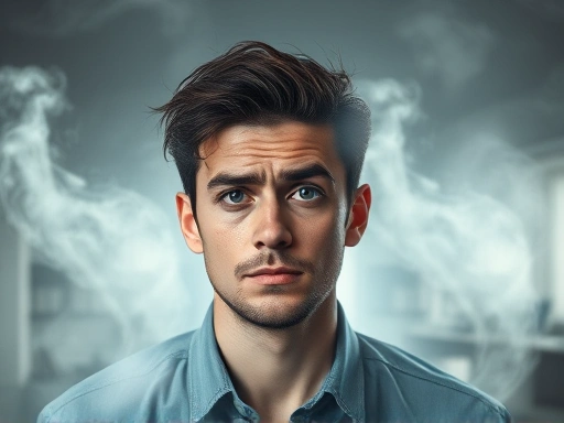 A person with a pensive expression, surrounded by hazy, swirling light, symbolizing brain fog, with a desk and some abstract cognitive elements in the background, focusing on the mental state and the challenge of concentration.