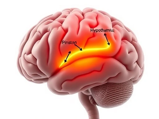 A detailed close-up shot of the human brain with highlighted areas representing the hypothalamus and pineal gland, illustrating the pathways of melatonin and serotonin regulation. Scientific, clean, and abstract, focusing on neurological processes.