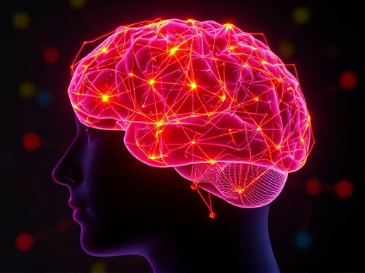 Close-up of interconnected abstract glowing neural pathways within a human brain silhouette, illustrating brain's switching ability and neuroplasticity, vibrant colors on dark background.