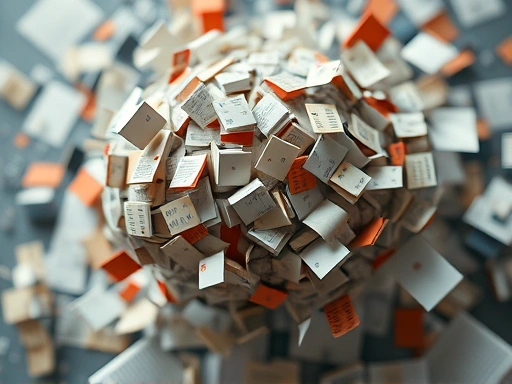 A close-up, abstract representation of cognitive overload, with scattered, disorganised information fragments overwhelming a central processing unit, depicting mental struggle and the need for streamlined data flow. Incorporate keywords: mental clutter, cognitive overload, streamlined processing, data chaos.