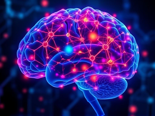 A vibrant, abstract depiction of a healthy human brain with glowing neural networks, focusing on memory and cognitive function, incorporating scientific elements.
