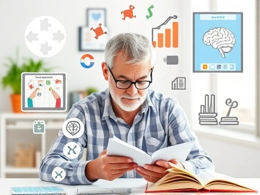 A person engaging in various brain training activities like puzzles, reading, and learning, in a bright, modern setting, emphasizing cognitive health and dementia prevention.