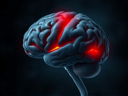 A detailed illustration of a human brain with highlighted areas (prefrontal cortex, hippocampus, amygdala) showing red stress indicators, symbolizing burnout's neuroscientific impact, with a dark, intense background.