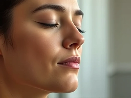 Close-up image of a person finding peace and balance through meditation or deep breathing, with a serene expression, symbolizing recovery and healing from burnout, in a calm and soft-lit environment.