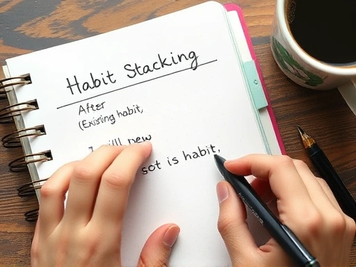 A close-up of a hand writing down a habit stacking formula in a neat planner, 