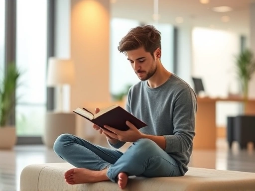 A person peacefully sitting and writing in a journal, symbolizing self-reflection and cognitive restructuring, with warm, calm lighting and a modern, clean environment.