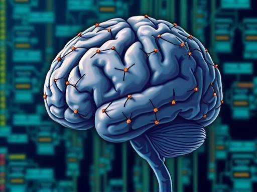 A detailed, illustrative image showing a human brain with interconnected nodes representing information, with some nodes highlighted to show efficient processing paths, set against a background of data streams. Incorporate keywords: cognitive load, information processing, neural networks, brain efficiency.