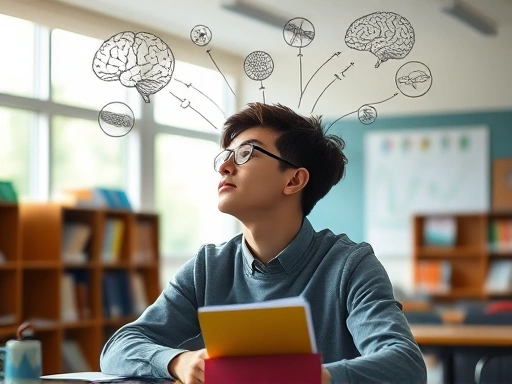 A student actively recalling information in a well-lit study room, with thought bubbles showing complex neural connections, symbolizing cognitive science and learning efficiency.