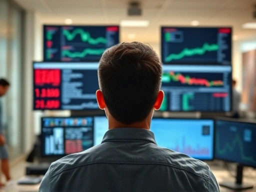 A person in a modern office setting, looking at multiple screens with various data, symbolizing decision-making under influence of confirmation bias. The scene is slightly chaotic but focused, capturing the mental process of filtering information.