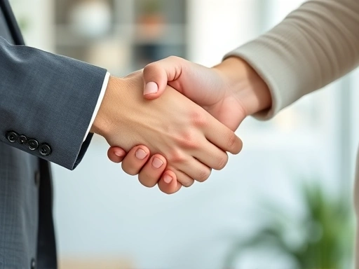 Close-up of two hands shaking firmly after a successful conversation, signifying agreement and renewed trust, with a blurred background suggesting a positive outcome of communication.
