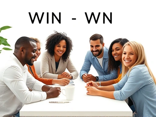 A diverse group of people sitting around a table, collaborating and brainstorming with positive expressions, representing a successful win-win conflict resolution strategy. The scene is bright and optimistic, emphasizing cooperation and understanding.