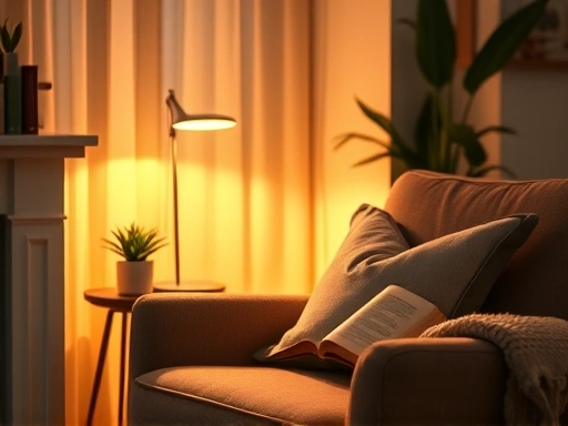Close-up of a cozy, well-lit corner in a living room with warm lighting, a comfortable chair, a book, and a small plant, conveying a sense of calm and relaxation for home design.