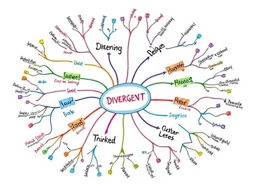 A vibrant illustration of a mind map representing divergent thinking, with various interconnected ideas radiating from a central concept, suggesting creativity and brainstorming.
