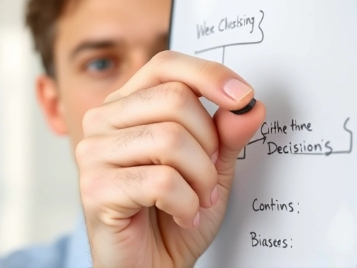 Close-up of a person's hand drawing on a whiteboard, illustrating a decision-making tree or flow chart, symbolizing critical thinking and overcoming biases, with a clear, focused expression.