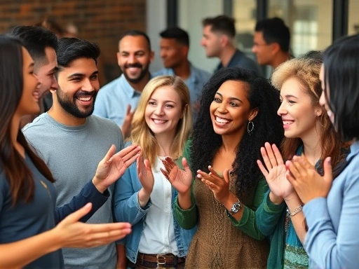 Diverse group of people from different cultures interacting, smiling, and using various hand gestures, conveying cultural differences in emotional expression and communication styles in a vibrant, inclusive setting.