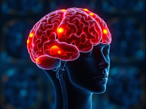 Close-up shot of a brain scan showing highlighted areas like the amygdala and prefrontal cortex, with a backdrop of a person in deep meditation, emphasizing neurological changes and improved cognitive function.