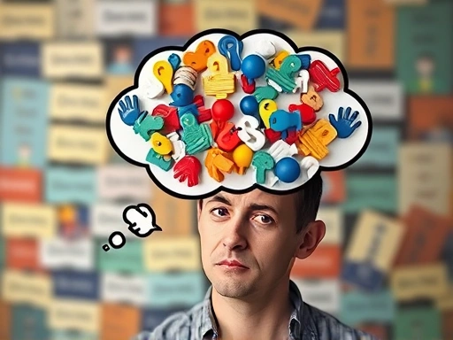 A person with a thought bubble filled with many overlapping decision icons, showing mental exhaustion and a tired expression, set against a blurred background of daily choices, illustrating decision fatigue.