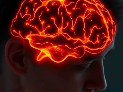Close-up of a person's brain with glowing neural pathways, indicating active cognitive processing and energy consumption during decision-making, with a subtle hint of fatigue.
