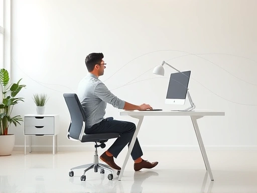 A person sitting at a minimalist desk, looking relaxed and productive, with abstract lines representing smooth routines and automated tasks flowing around them, bright and clean office environment.