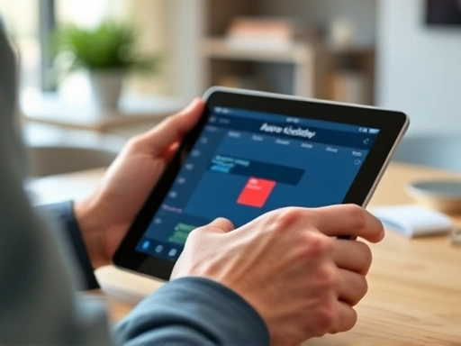 A close-up of hands setting up a digital calendar or automation app on a tablet, with blurred background of a well-organized daily routine in progress, focusing on efficiency and mental clarity.