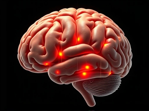 A detailed, close-up diagram of the human brain highlighting the Default Mode Network (DMN) areas with subtle light, illustrating brain activity when resting or mind-wandering.