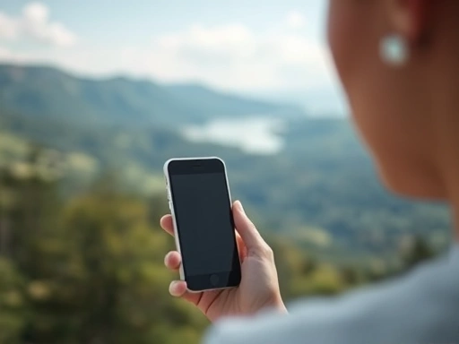 Close-up of a person putting down a smartphone and looking at a beautiful natural landscape, representing digital detox and finding peace away from social media's influence on self-esteem.