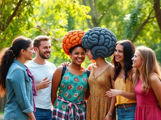 A diverse group of friends interacting in a vibrant, natural setting, symbolizing social connections and the concept of a 