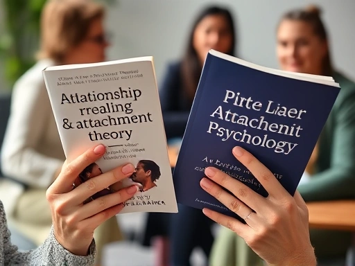 Close-up shot of hands holding self-help books on relationship psychology and attachment theory, with blurred background figures actively participating in a group therapy or workshop setting.